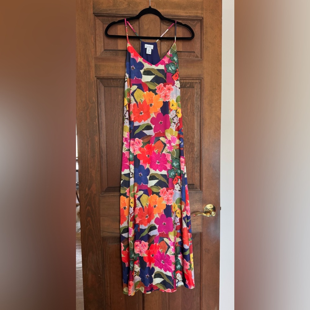 Nicole Miller Floral Satin Maxi Dress XS Womens Multicolor Spaghetti Strap Boho